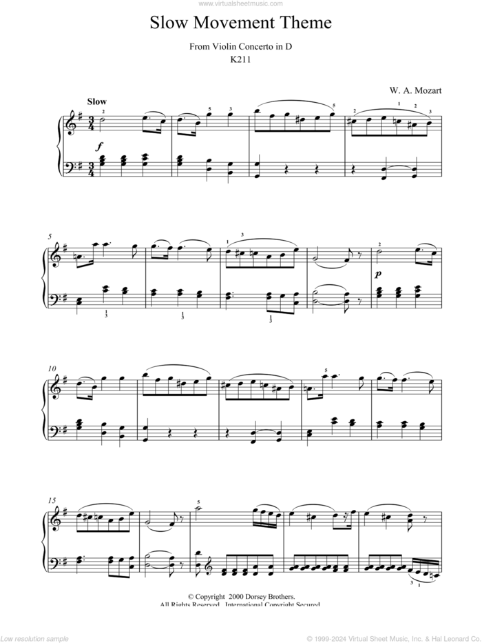 Slow Movement Theme from Violin Concerto in D sheet music for piano solo by Wolfgang Amadeus Mozart, classical score, intermediate skill level