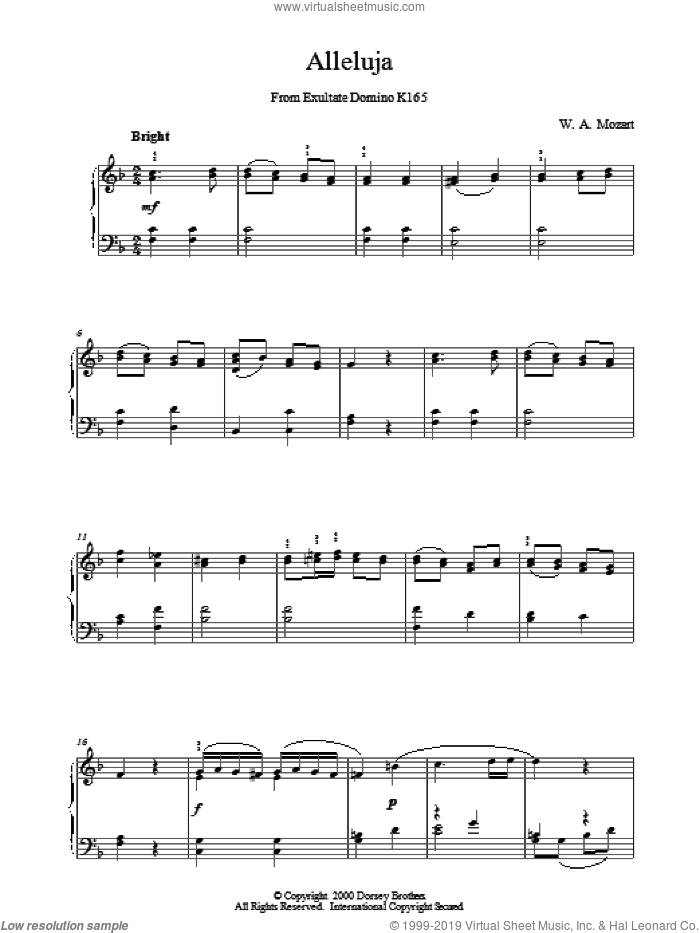 Alleluja From Exultate Domino sheet music for piano solo by Wolfgang Amadeus Mozart, classical score, intermediate skill level