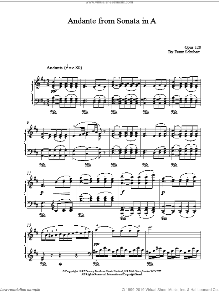 Andante From Sonata In A sheet music for piano solo by Franz Schubert, classical score, intermediate skill level