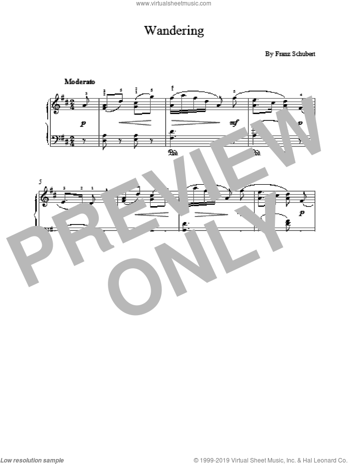 Wandering sheet music for piano solo by Franz Schubert, classical score, intermediate skill level