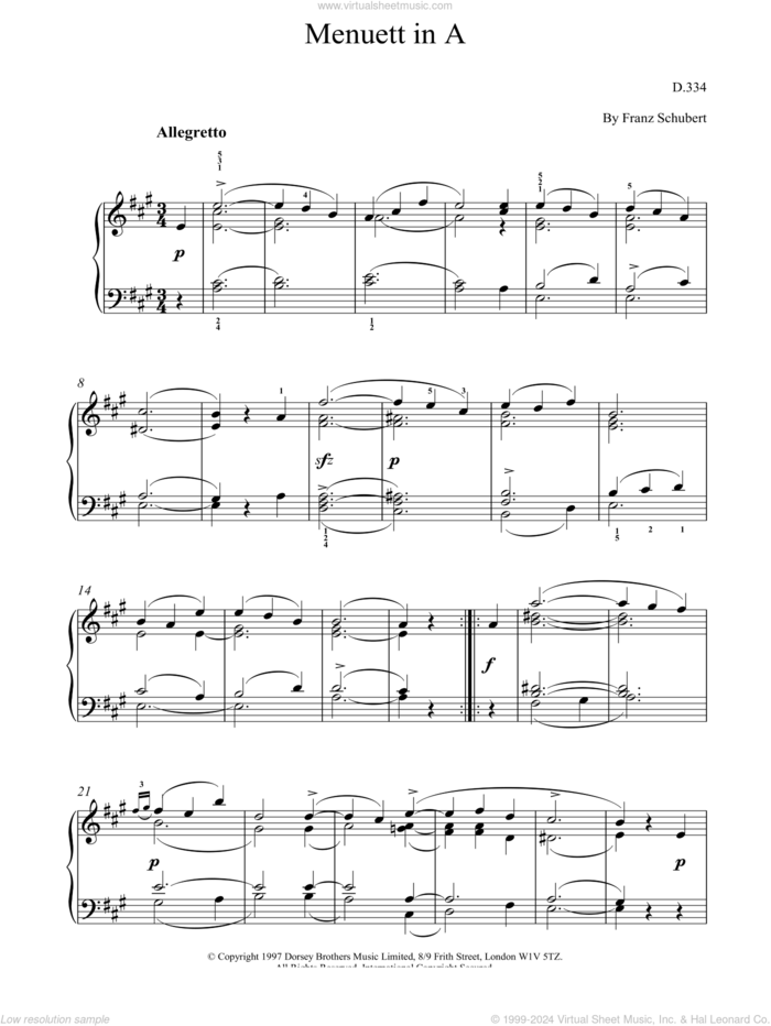 Menuett In A sheet music for piano solo by Franz Schubert, classical score, intermediate skill level