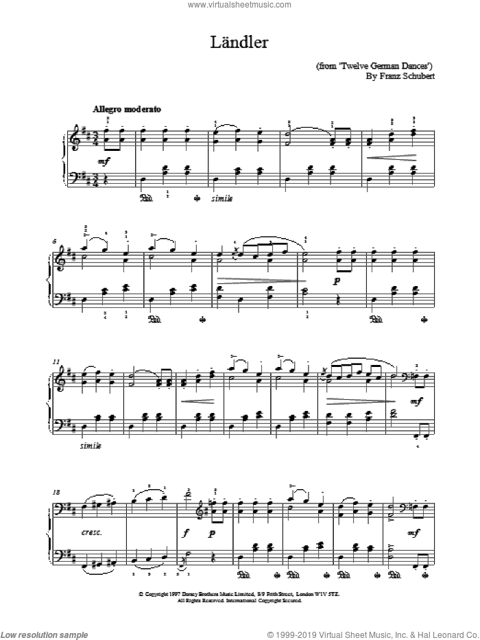 Landler sheet music for piano solo by Franz Schubert, classical score, intermediate skill level