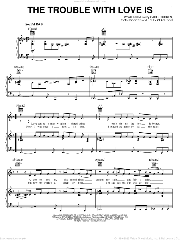 The Trouble With Love Is sheet music for voice, piano or guitar by Kelly Clarkson, Carl Sturken and Evan Rogers, intermediate skill level