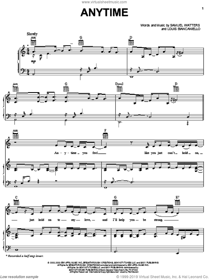 Anytime sheet music for voice, piano or guitar by Kelly Clarkson, Louis Biancaniello and Sam Watters, intermediate skill level