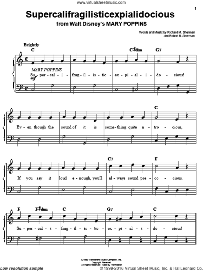 Supercalifragilisticexpialidocious (from Mary Poppins), (easy) (from Mary Poppins) sheet music for piano solo by Sherman Brothers, Julie Andrews, Richard M. Sherman and Robert B. Sherman, easy skill level