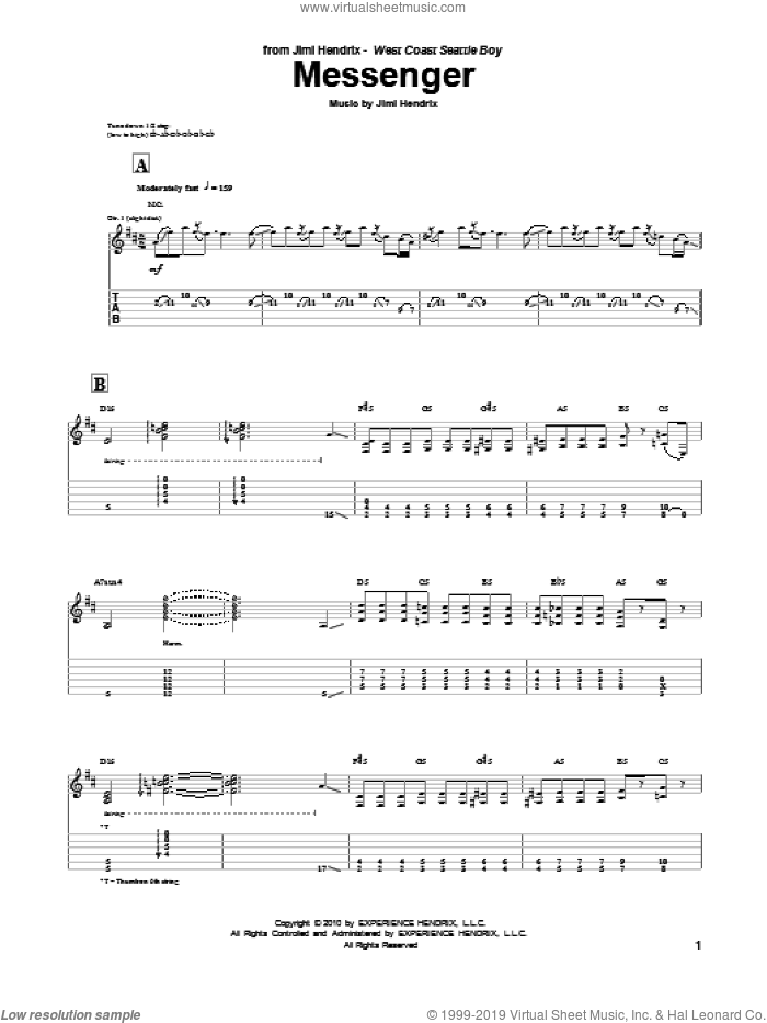 Messenger sheet music for guitar (tablature) by Jimi Hendrix, intermediate skill level