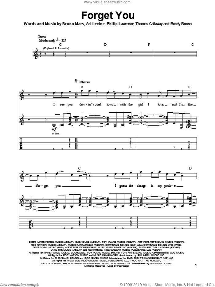 F**k You (Forget You) sheet music for guitar (tablature, play-along) by Cee Lo Green, Glee Cast, Ari Levine, Bruno Mars, Miscellaneous, Philip Lawrence and Thomas Callaway, intermediate skill level