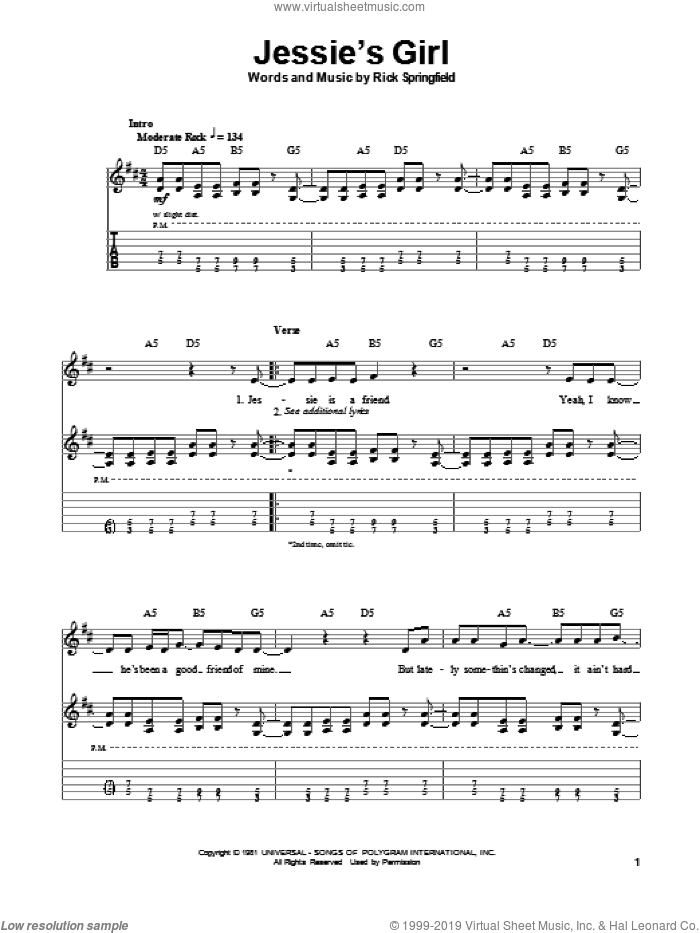 Jessie's Girl sheet music for guitar (tablature, play-along) by Rick Springfield, Glee Cast and Miscellaneous, intermediate skill level