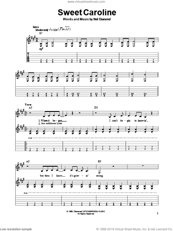 Sweet Caroline sheet music for guitar (tablature, play-along) by Neil Diamond, Glee Cast and Miscellaneous, intermediate skill level
