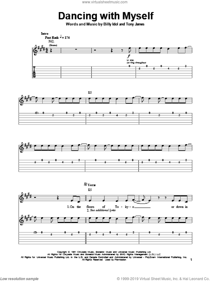 Dancing With Myself sheet music for guitar (tablature, play-along) by Billy Idol, Glee Cast, Miscellaneous and Tony James, intermediate skill level