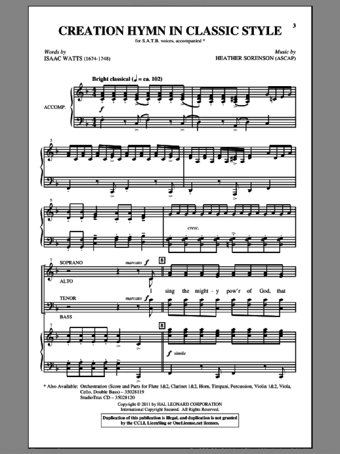 Creation Hymn In Classic Style sheet music for choir (SATB: soprano, alto, tenor, bass) by Heather Sorenson and Isaac Watts, intermediate skill level