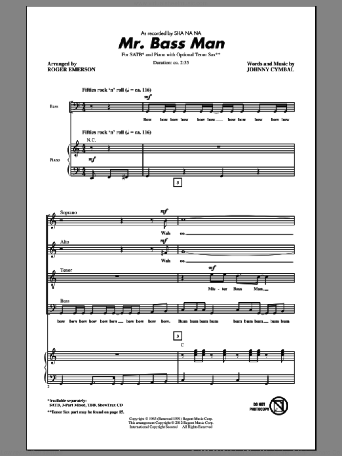 Mr. Bass Man sheet music for choir (SATB: soprano, alto, tenor, bass) by Roger Emerson, Johnny Cymbal and Sha Na Na, intermediate skill level