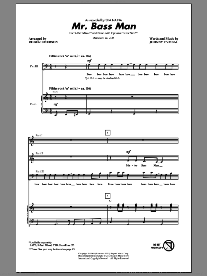 Mr. Bass Man sheet music for choir (3-Part Mixed) by Roger Emerson, Johnny Cymbal and Sha Na Na, intermediate skill level