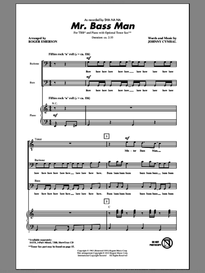 Mr. Bass Man sheet music for choir (TBB: tenor, bass) by Roger Emerson, Johnny Cymbal and Sha Na Na, intermediate skill level