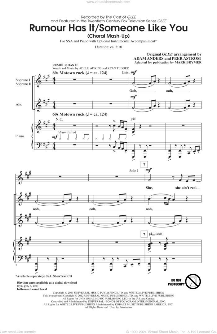 Rumour Has It / Someone Like You sheet music for choir (SSA: soprano, alto) by Mark Brymer, Adele Adkins, Dan Wilson, Ryan Tedder, Adam Anders, Adele, Glee Cast, Miscellaneous and Peer Astrom, intermediate skill level