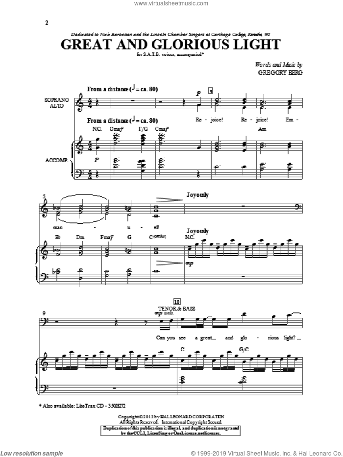 Great And Glorious Light sheet music for choir (SATB: soprano, alto, tenor, bass) by Gregory Berg, intermediate skill level