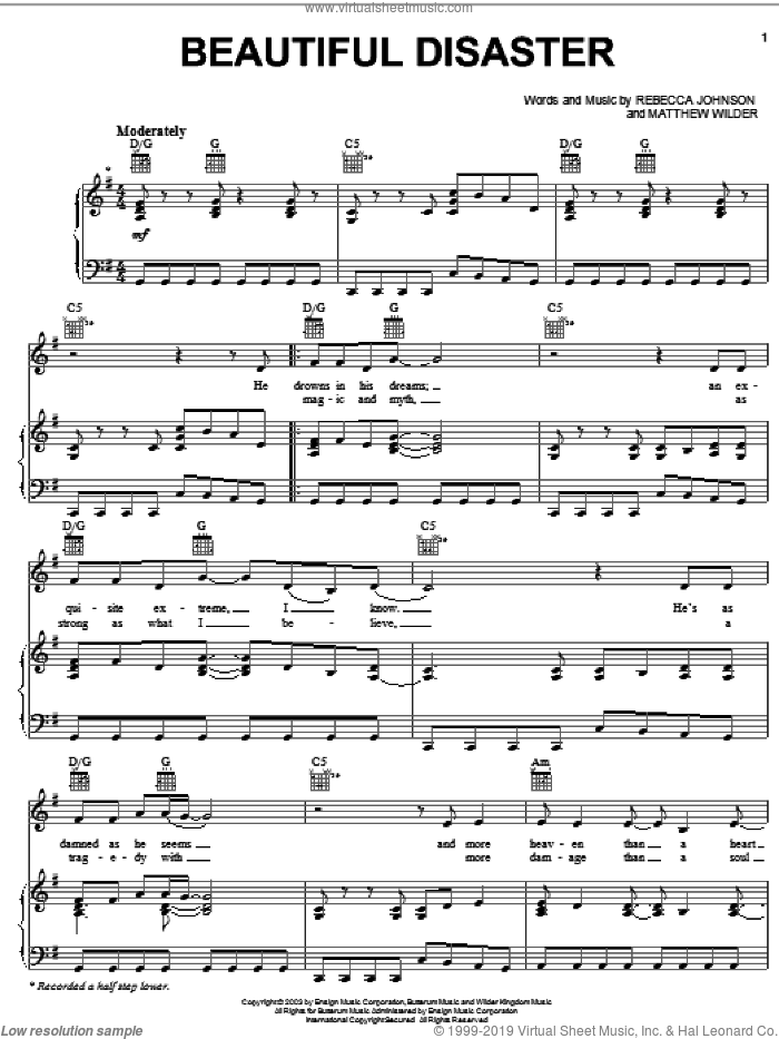 Beautiful Disaster sheet music for voice, piano or guitar by Kelly Clarkson, Matthew Wilder and Rebecca Johnson, intermediate skill level