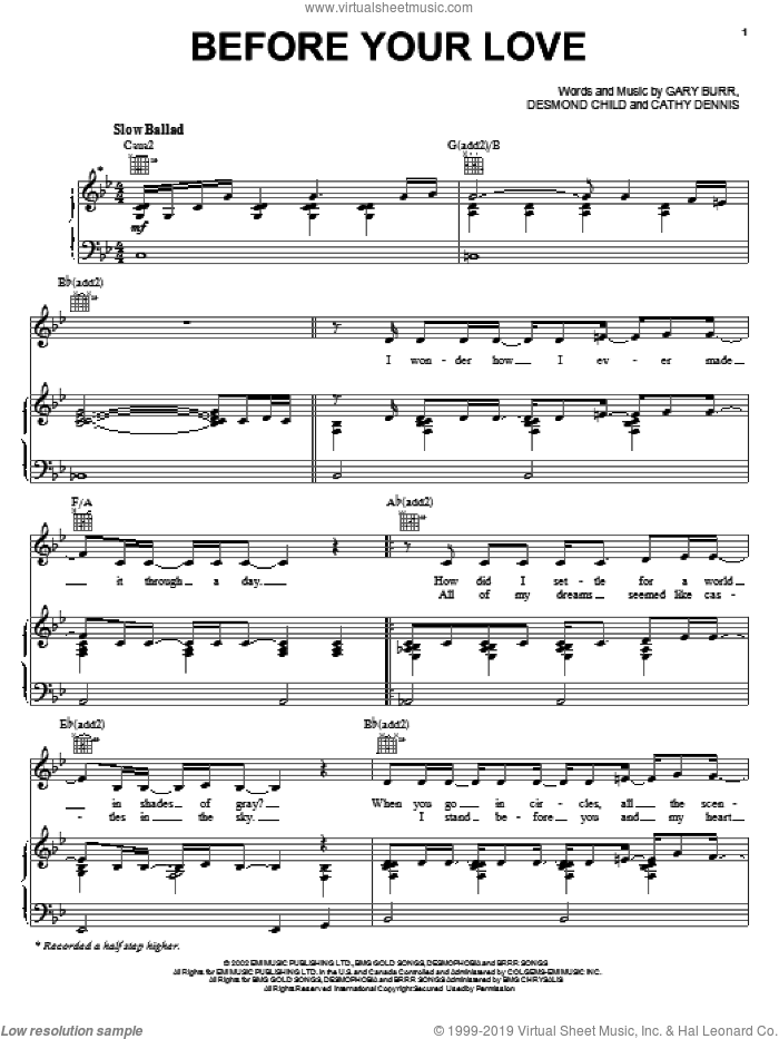 Before Your Love sheet music for voice, piano or guitar by Kelly Clarkson, Cathy Dennis, Desmond Child and Gary Burr, intermediate skill level