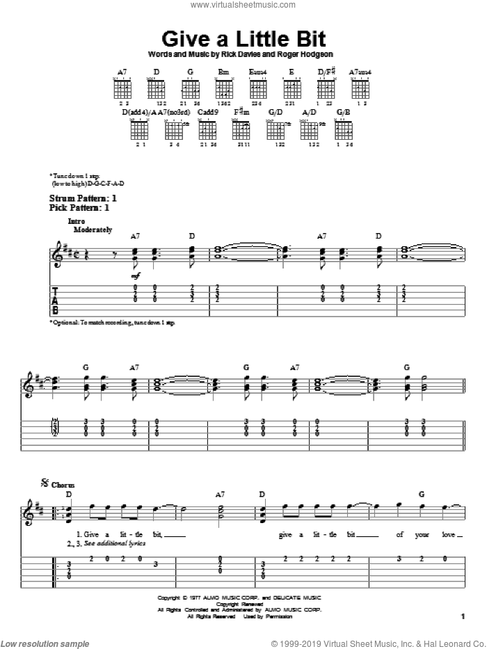 Give A Little Bit sheet music for guitar solo (easy tablature) by Supertramp, Rick Davies and Roger Hodgson, easy guitar (easy tablature)