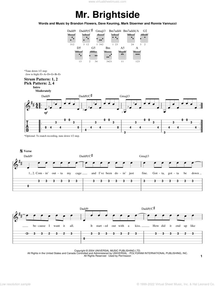 Mr. Brightside sheet music for guitar solo (easy tablature) by The Killers, Brandon Flowers, Dave Keuning, Mark Stoermer and Ronnie Vannucci, easy guitar (easy tablature)