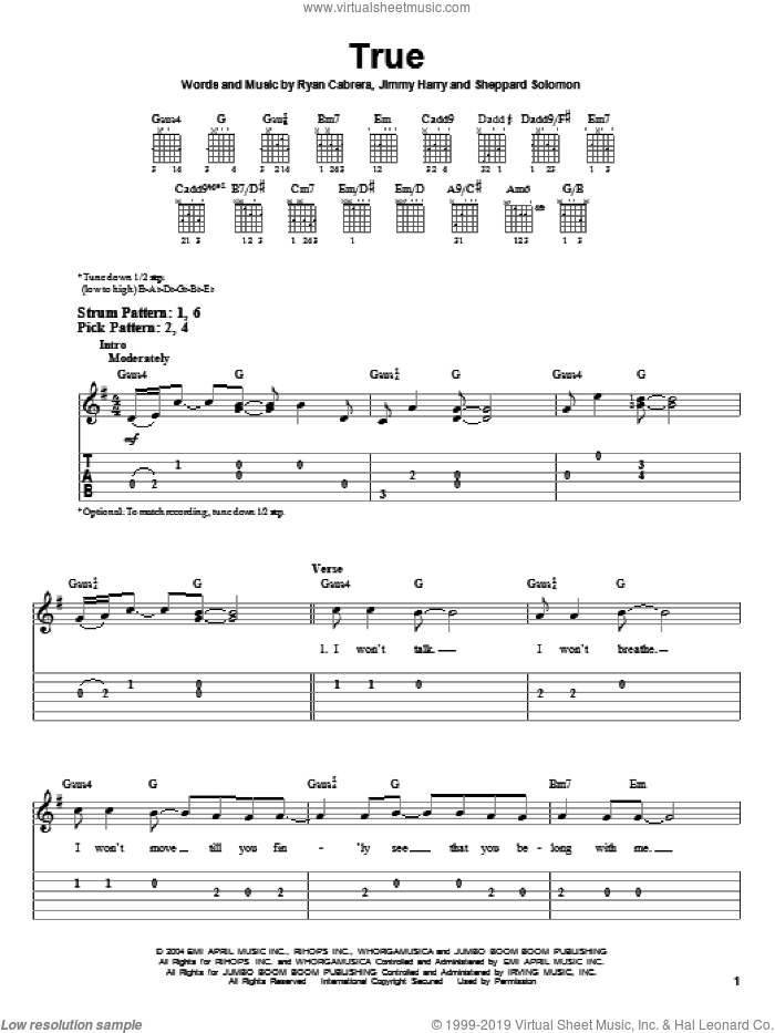 True sheet music for guitar solo (easy tablature) by Ryan Cabrera, Jimmy Harry and Sheppard Solomon, easy guitar (easy tablature)