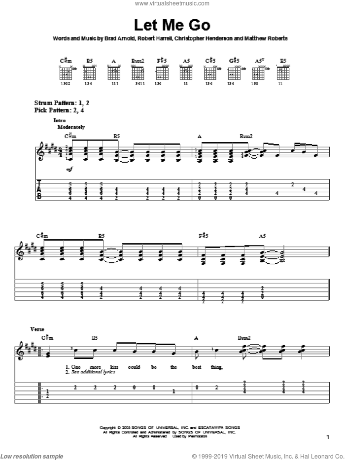 Let Me Go sheet music for guitar solo (easy tablature) by 3 Doors Down, Brad Arnold, Christopher Henderson, Matthew Roberts and Robert Harrell, easy guitar (easy tablature)