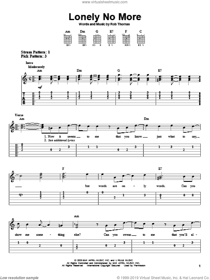 Lonely No More sheet music for guitar solo (easy tablature) by Rob Thomas, easy guitar (easy tablature)