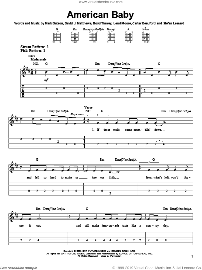 American Baby sheet music for guitar solo (easy tablature) by Dave Matthews Band, Boyd Tinsley, Carter Beauford, Leroi Moore, Mark Batson and Stefan Lessard, easy guitar (easy tablature)