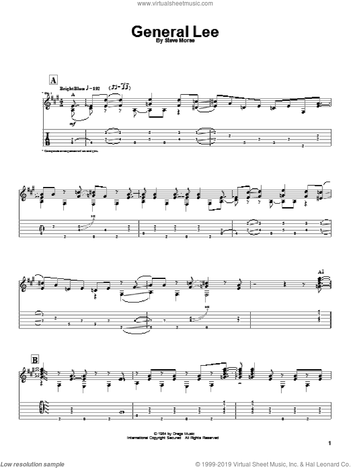 General Lee sheet music for guitar (tablature) by Steve Morse, intermediate skill level