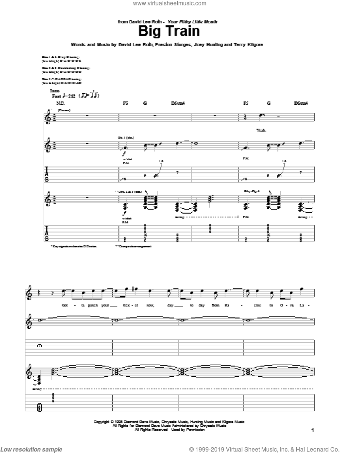 Big Train sheet music for guitar (tablature) by David Lee Roth, Joey Hunting, Preston Sturges and Terry Kilgore, intermediate skill level