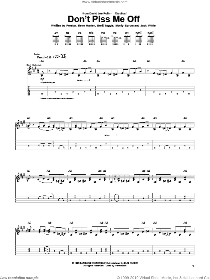 Don't Piss Me Off sheet music for guitar (tablature) by David Lee Roth, Brett Tuggle, Freebo, Jack White, Monty Byrom and Steve Hunter, intermediate skill level