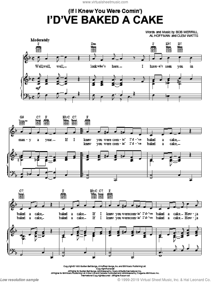 (If I Knew You Were Comin') I'd've Baked A Cake sheet music for voice, piano or guitar by Georgia Gibbs, Al Hoffman, Bob Merrill and Clem Watts, intermediate skill level