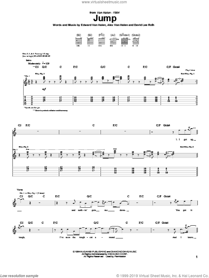 Jump sheet music for guitar (tablature) by Edward Van Halen, Alex Van Halen, David Lee Roth and Michael Anthony, intermediate skill level