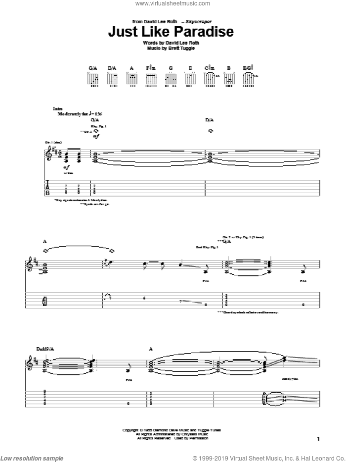 Just Like Paradise sheet music for guitar (tablature) by David Lee Roth and Brett Tuggle, intermediate skill level