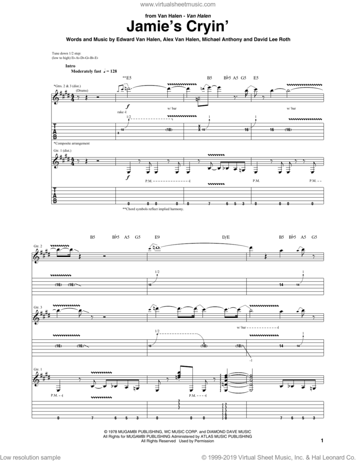 Jamie's Cryin' sheet music for guitar (tablature) by Edward Van Halen, Alex Van Halen, David Lee Roth and Michael Anthony, intermediate skill level