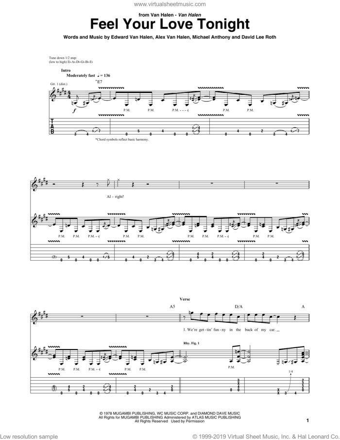 Feel Your Love Tonight sheet music for guitar (tablature) by Edward Van Halen, Alex Van Halen, David Lee Roth and Michael Anthony, intermediate skill level