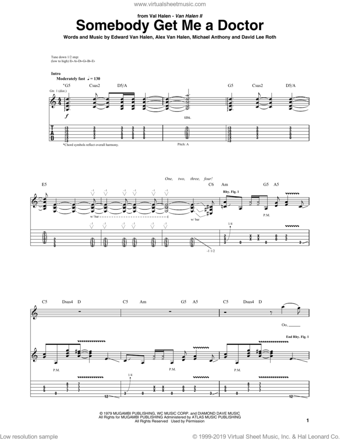 Somebody Get Me A Doctor sheet music for guitar (tablature) by Edward Van Halen, Alex Van Halen, David Lee Roth and Michael Anthony, intermediate skill level