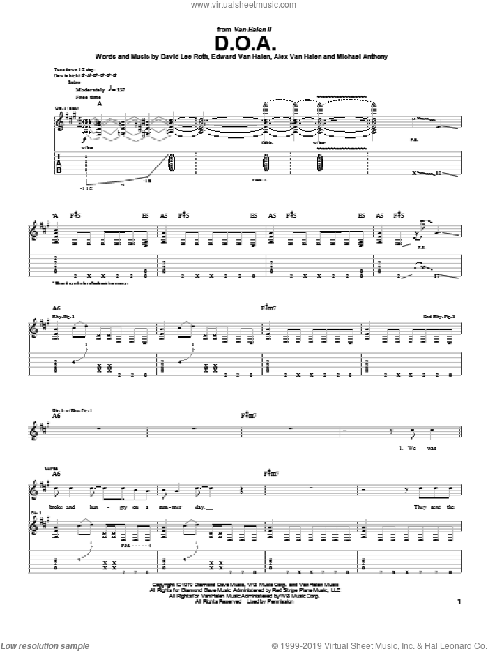 D.O.A. sheet music for guitar (tablature) by Edward Van Halen, Alex Van Halen, David Lee Roth and Michael Anthony, intermediate skill level