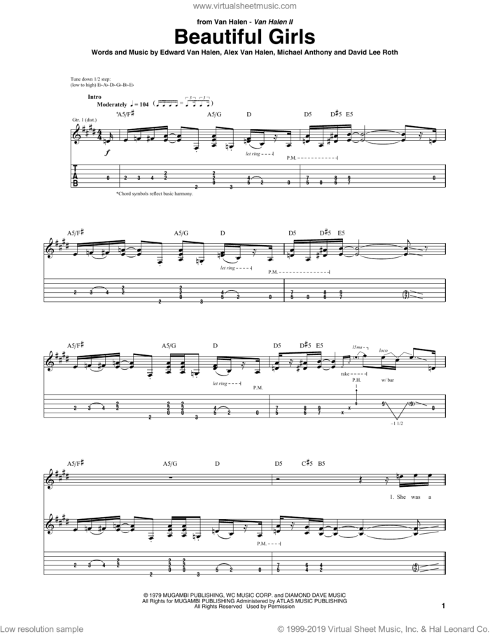 Beautiful Girls sheet music for guitar (tablature) by Edward Van Halen, Alex Van Halen, David Lee Roth and Michael Anthony, intermediate skill level