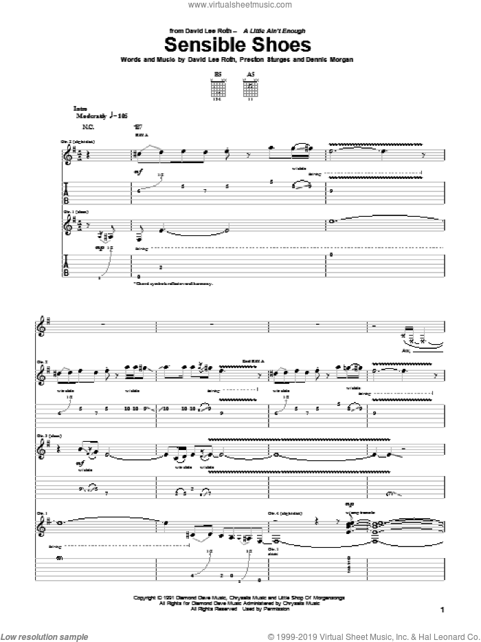 Sensible Shoes sheet music for guitar (tablature) by David Lee Roth, Dennis Morgan and Preston Sturges, intermediate skill level