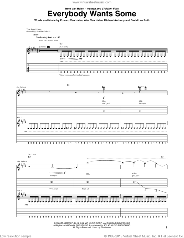 Everybody Wants Some sheet music for guitar (tablature) by Edward Van Halen, Alex Van Halen, David Lee Roth and Michael Anthony, intermediate skill level