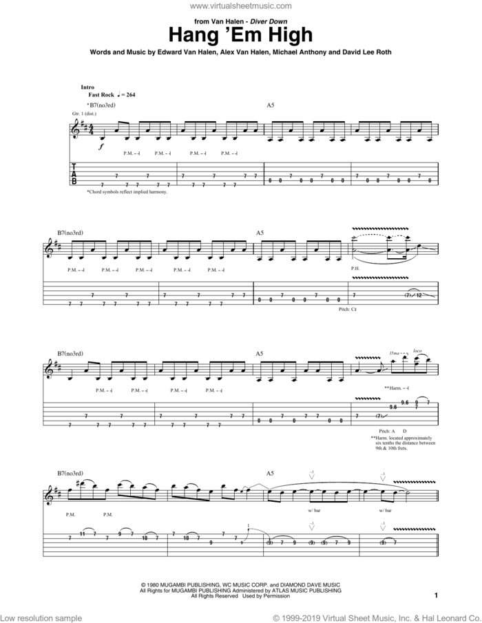 Hang 'Em High sheet music for guitar (tablature) by Edward Van Halen, Alex Van Halen, David Lee Roth and Michael Anthony, intermediate skill level