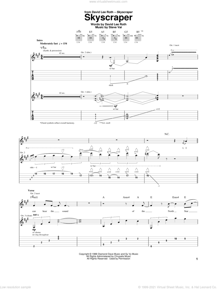 Skyscraper sheet music for guitar (tablature) by David Lee Roth and Steve Vai, intermediate skill level