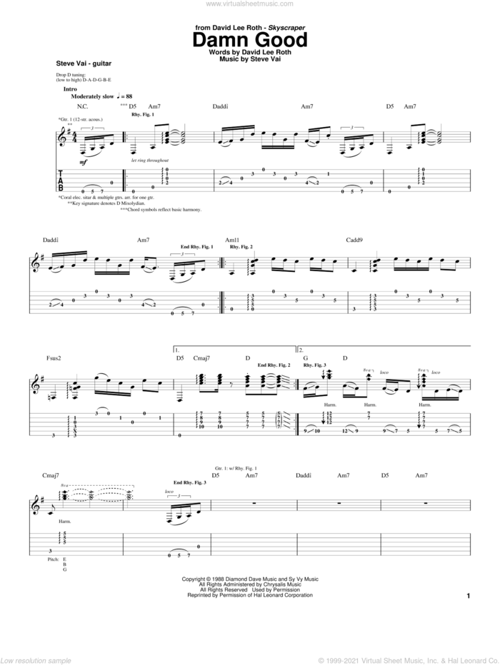Damn Good sheet music for guitar (tablature) by David Lee Roth and Steve Vai, intermediate skill level