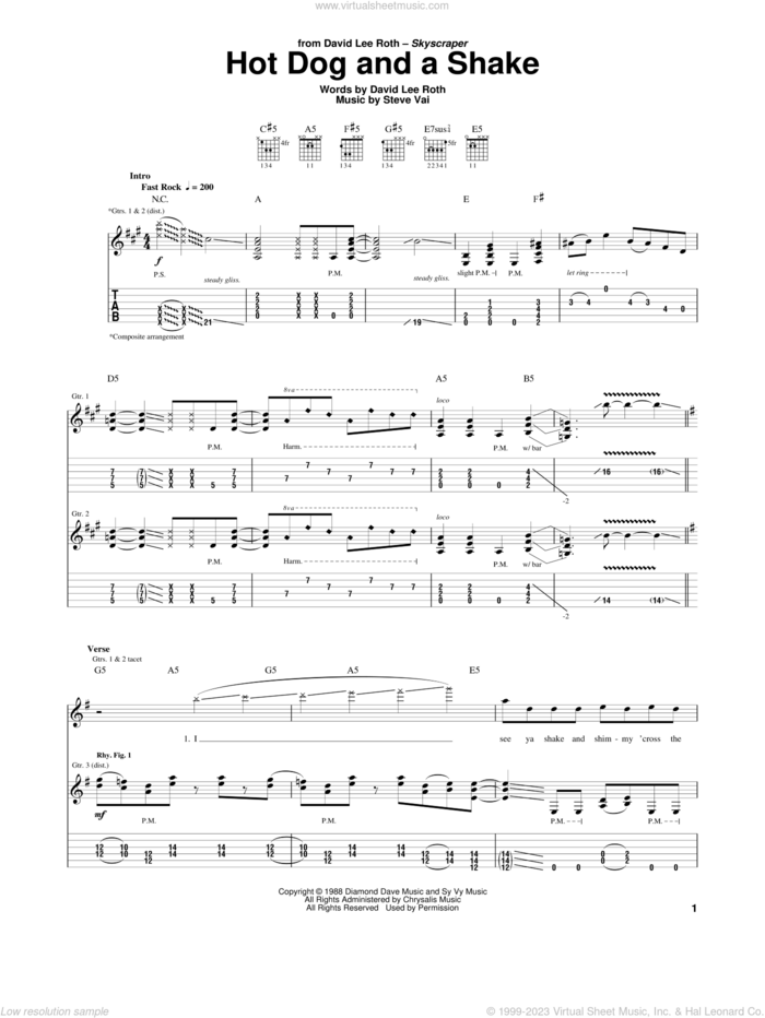 Hot Dog And A Shake sheet music for guitar (tablature) by David Lee Roth and Steve Vai, intermediate skill level
