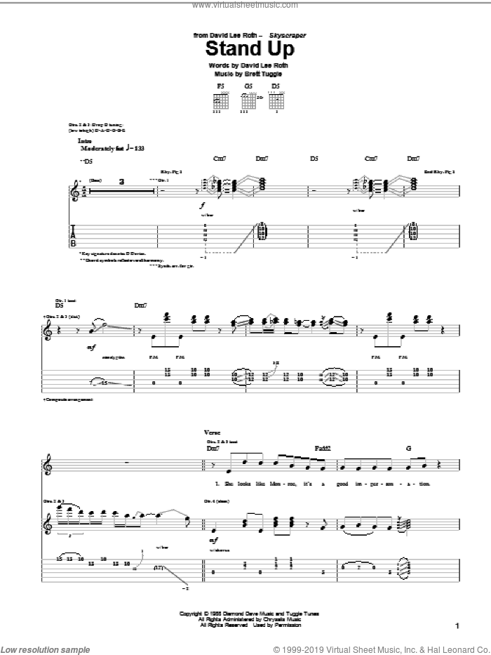 Stand Up sheet music for guitar (tablature) by David Lee Roth and Brett Tuggle, intermediate skill level