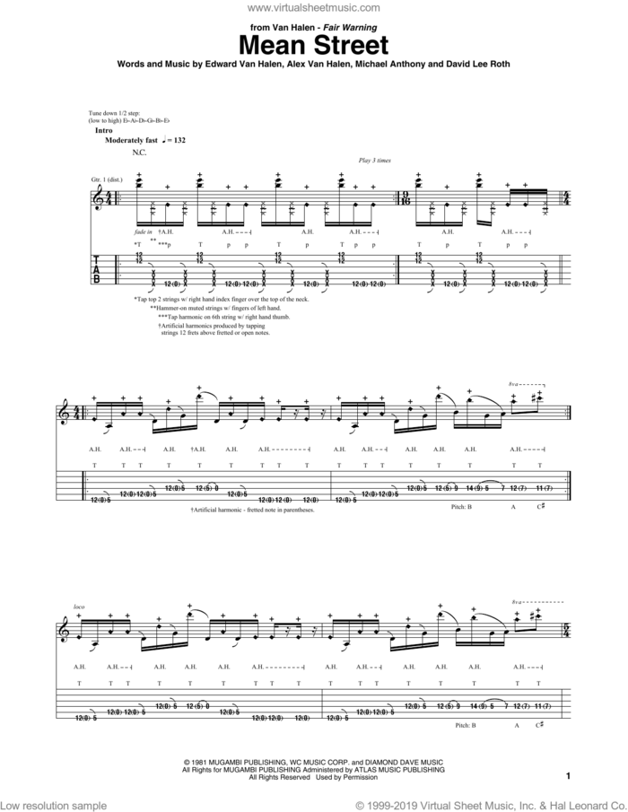 Mean Street sheet music for guitar (tablature) by Edward Van Halen, Alex Van Halen, David Lee Roth and Michael Anthony, intermediate skill level
