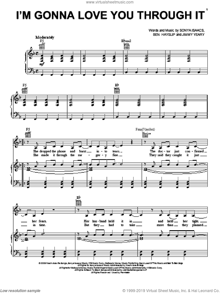 I'm Gonna Love You Through It sheet music for voice, piano or guitar by Martina McBride, Ben Hayslip, Jimmy Yeary and Sonya Isaacs, intermediate skill level