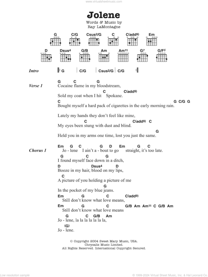 Jolene sheet music for guitar (chords) by Ray LaMontagne, intermediate skill level