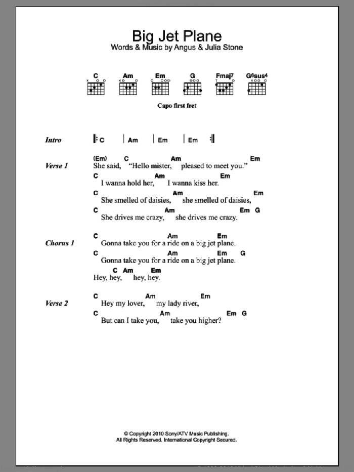 Big Jet Plane sheet music for guitar (chords) by Julia Stone and Angus Stone, intermediate skill level